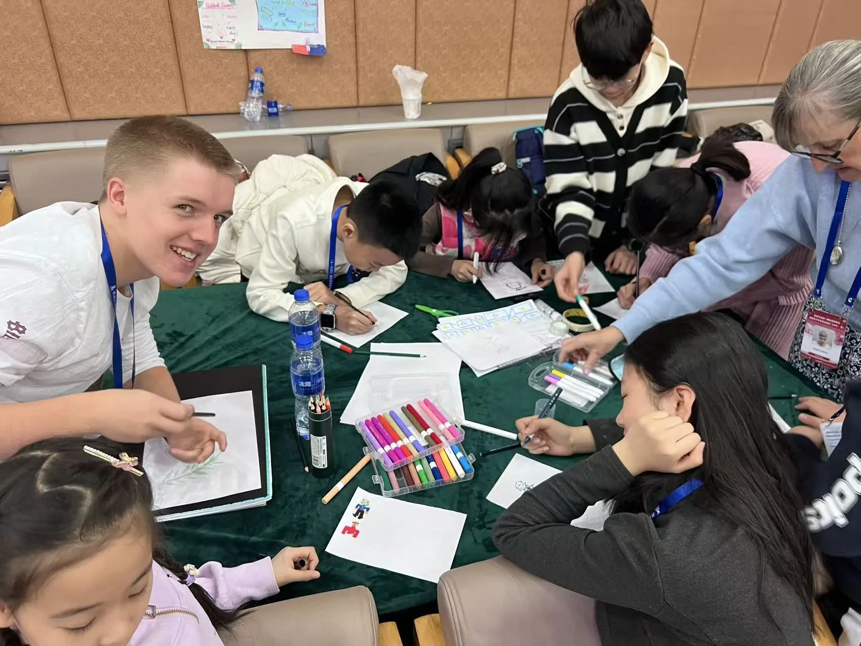 Students and an international buddy working together around a table